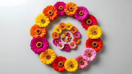 Vibrant floral spiral arrangement with multicolored zinnia blossoms