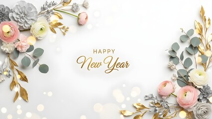 Elegant New Year greeting with delicate floral accents and shimmering bokeh lights, celebrating the festive season