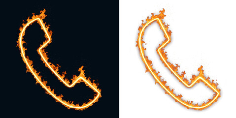 Telephone handset icon outlined with fire showing call and hotline access, graphic element for contact buttons in apps and help line signage, telecom emergency communication prompts on screen