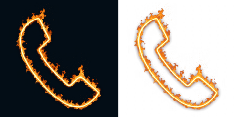 Telephone handset icon outlined with fire showing call and hotline access, graphic element for contact buttons in apps and help line signage, telecom emergency communication prompts on screen