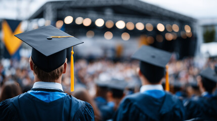 Graduation ceremony with multiple students in caps and gowns, shallow depth of field isolating foreground figures, blurred crowd and banners in background, cinematic academic atmos