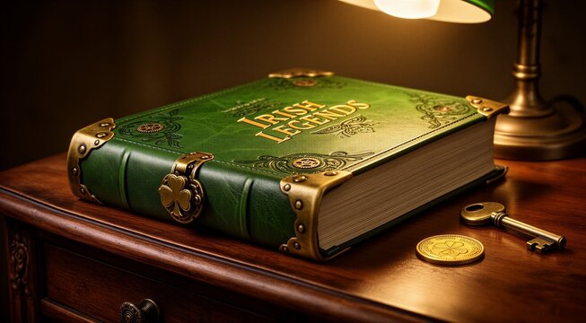 Antique book on irish legends with key and coin on wooden table