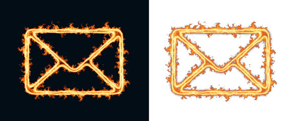Email envelope icons drawn as a burning stroke for inbox send and contact shortcuts in product screens, correspondence mark for mail delivery status, inquiry forms and subscription fields
