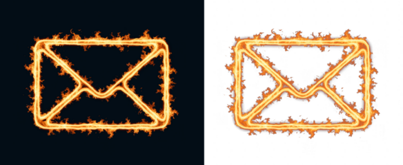 Email envelope icons drawn as a burning stroke for inbox send and contact shortcuts in product screens, correspondence mark for mail delivery status, inquiry forms and subscription fields