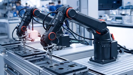Robotic arm pick-and-place system for an electronic assembly line, used in smart technology manufacturing.