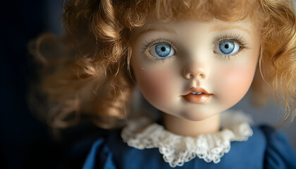 Close up photo of an exquisite retro doll featuring golden ringlets and captivating blue eyes. Adorned in a charming blue frock with a dainty white peter pan collar
