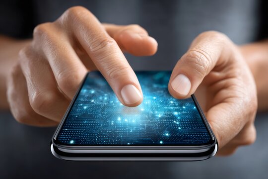 Hand touching digital circuit board on smartphone screen - Powered by Adobe
