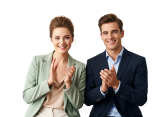 Successful entrepreneurs applaud project results and financial growth during an annual business meeting because teamwork leads to corporate victory and professional development for every leader