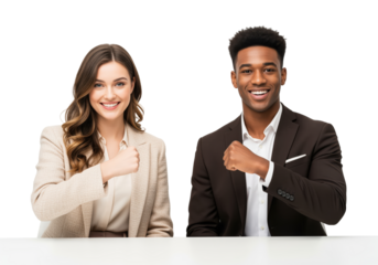 Oath pose with two employees holding a fist to the heart while expressing commitment and integrity for a code of conduct update on ethics governance, staff pledge and mission alignment values
