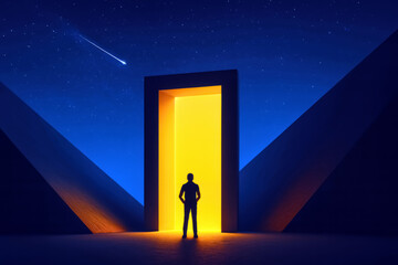 Digital surreal artwork. Silhouetted figure facing glowing rectangular portal between geometric structures under starry sky. Themes of mystery, transition, innovation, and cosmic exploration.