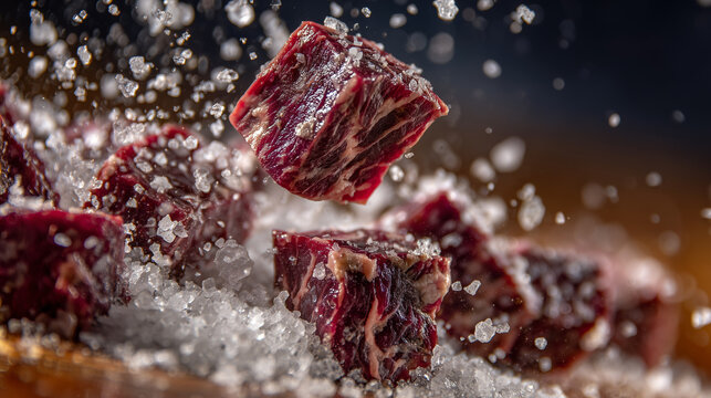 High-speed capture of raw beef cubes, salt crystals exploding outward, stacked cubes forming the base while a single cube is suspended mid air, dramatic shadows and rich color satu