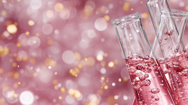 Macro view of laboratory glassware during a nutrition test, transparent liquid blending into pink solution inside a beaker, effervescent bubbles forming and catching light, modern