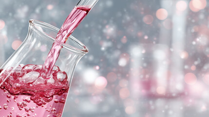 Precision-focused nutrition research experiment, transparent solution poured into a pink liquid beaker, bubbles forming and swirling dynamically, clean professional laboratory back