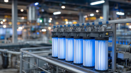 Fototapeta premium Advanced municipal water treatment concept, ultraviolet sterilization equipment aligned in a modern facility, glowing blue light reflecting on metal surfaces, symbolizing public he