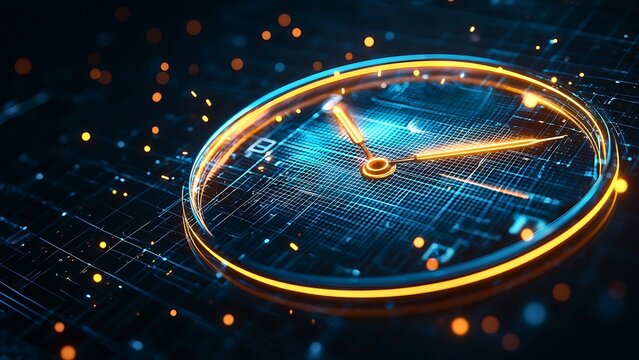 A vector art illustration of a clock and globe set against a glowing radar screen design where technology and energy converge in a circular space background to represent the time is money concept