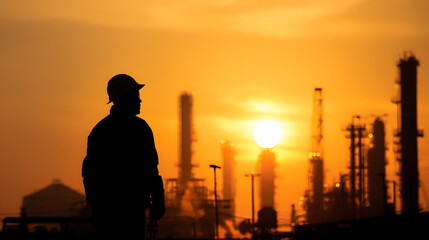 Fototapeta premium Silhouette of a worker wearing safety helmet, standing against an industrial backdrop during sunset. Energy sector, oil and gas industry and economic development concept.