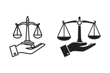A black silhouette of a hand holding a balanced scales of justice line art on a white background.