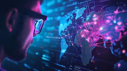 A person looking at a digital world map