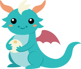 Fototapeta premium Cute turquoise cartoon dragon holding a precious egg illustration