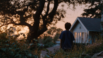 Fototapeta premium Quiet emotional moment captured as a childâs silhouette moves through a calm neighborhood, soft sunset light filtering through trees, creating a timeless childhood memory