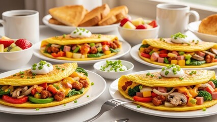 A delicious and nutritious breakfast spread featuring omelets with vegetables and meat on white plates surrounded by fresh fruit coffee and bread on a table