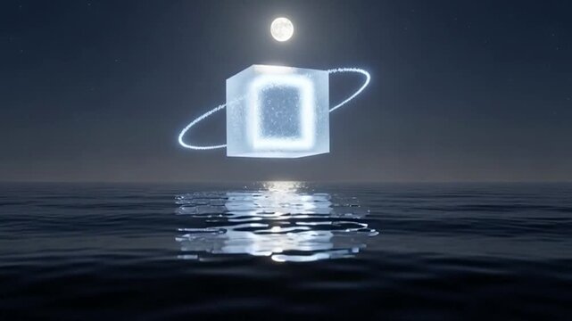 Glowing Cube Floating Over Water.