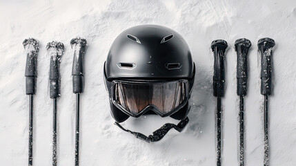 Black ski helmet and ski poles symmetrically arranged flat lay on transparent background