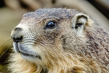 Close-up portrait of a groundhog showcasing detailed fur and expressive features, highlighting the animal's natural beauty and charm in a serene environment