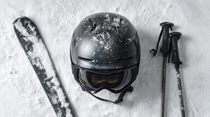 Black ski helmet and ski poles dusted with snow powder flat lay on transparent background