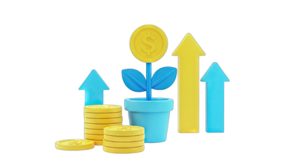 Financial Growth Concept: Coins, Arrows, and Plant