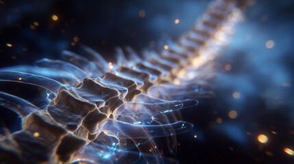 Close-up medical visualization of the human spine, vertebrae stacked with precise detail, intervertebral discs highlighted, subtle shading emphasizing curvature and anatomical dept
