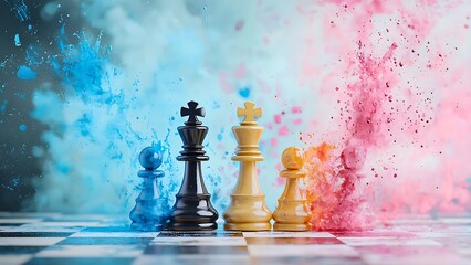 Strategic chess pieces in a vibrant explosion of color, representing the game of strategy and tactics