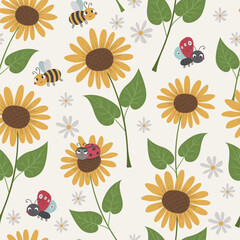 Vector seamless pattern with sunflowers, bees, ladybugs and butterflies. Perfect for kids fabric, paper and gift designs