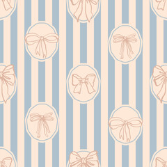 Seamless pattern with hand drawn bows and ribbons with blue stripes on the background. Perfect for wallpaper, textiles, wrapping paper, greeting cards and more.
