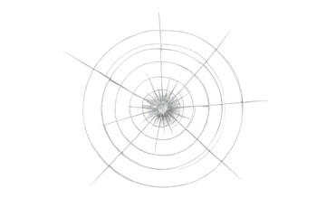 Broken glass impact with spiderweb cracks and concentric circles, shattering window texture on transparent background