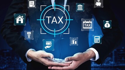 Businessman in a formal suit presenting digital tax icons in a futuristic design illustrating tax concepts and financial management in a modern setting Gluon.