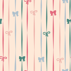 Seamless pattern with hand drawn bows and ribbons with stripes on the background. Perfect for fabric, wallpapers and gift designs