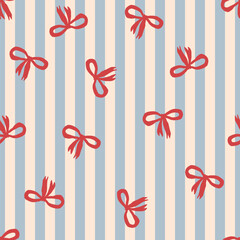 Seamless pattern with hand drawn red bows and ribbons with blue stripes on the background. Perfect for fabric, wallpapers and gift designs