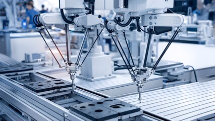 Robotic arm pick-and-place system for an electronic assembly line, used in smart technology manufacturing.