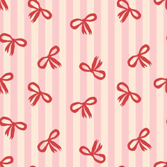 Seamless pattern with hand drawn red bows and ribbons with pink stripes on the background. Perfect for fabric, wallpapers and gift designs
