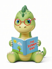 An adorable 3D rendered green dinosaur character with cute glasses, happily engrossed in reading a storybook titled 'THE SUNNY DAY', symbolizing childhood learning and education © eidel