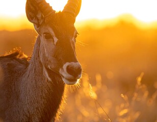 Close-up of a large African antelope bathed in golden sunlight. The animal has distinctive horns. The background is a warm, glowing landscape