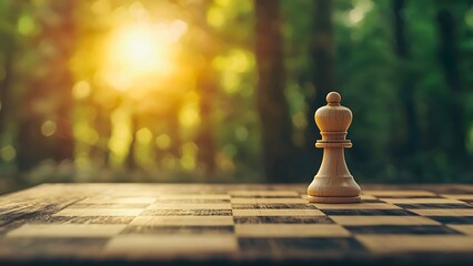 A chess queen on a chessboard in a natural setting, evoking strategy and focus. The chessboard is placed outdoors