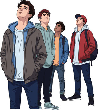 Create a kinds of deferent Three teenage boys standing in the street and looking up, vector art with white background..