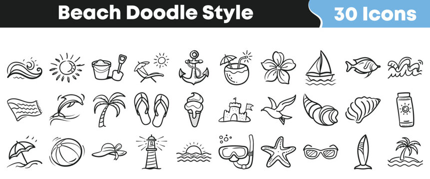 Hand drawn collection of thirty black and white doodle style icons representing various summer beach vacation elements on transparent background