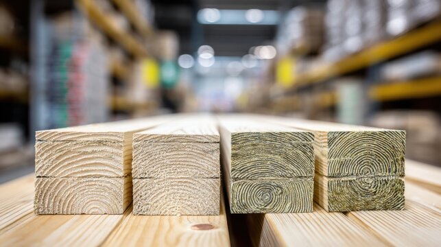Medium shot of treated wood beams being inspected for coating quality emphasizing the protective layer that enhances durability and weather resistance.