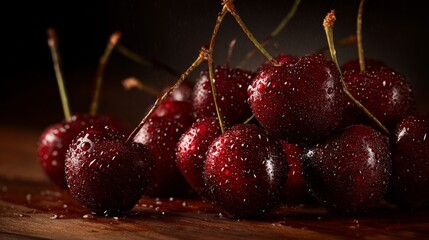 A Close Up View of Dark Red Cherries with Slender Stems and Water Droplets