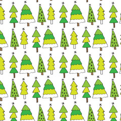 Hand drawn cute doodle christmas tree seamless pattern for kids.