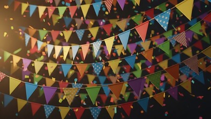 Colorful festive bunting flags strung across a dark background, creating a celebratory atmosphere with confetti falling
