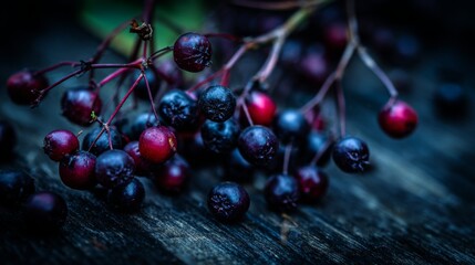 A close-up view of a dark, ripe bunch of elderberries clustered on a wooden surface